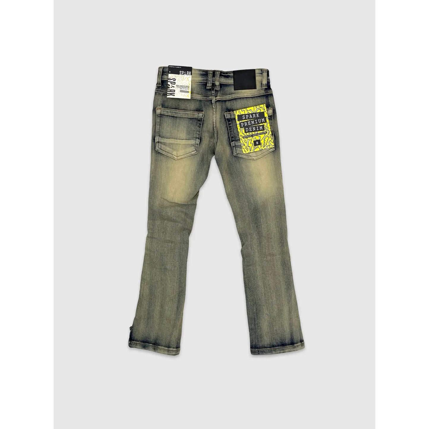 STRETCH STACK JEANS WITH FRAYED PATCH