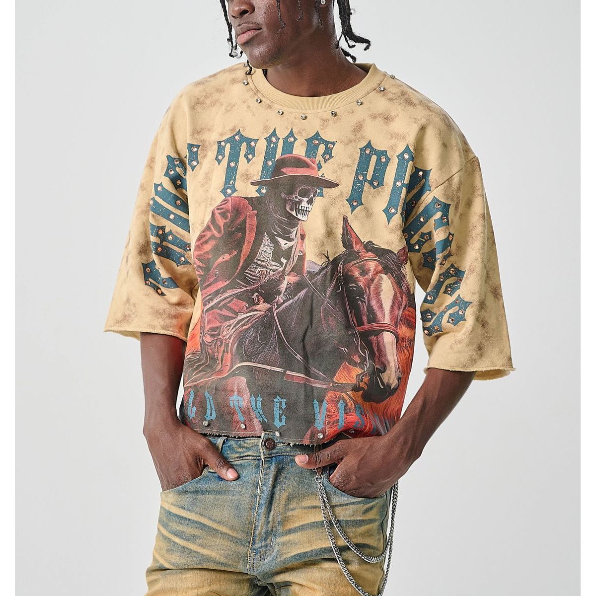 CROPPED T-SHIRT WITH RHINESTONES-Trust the Process-Khaki
