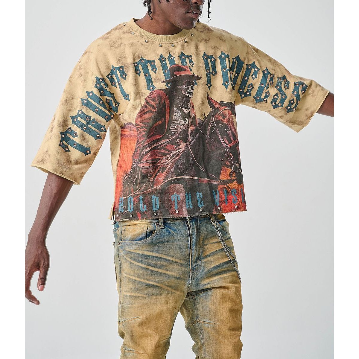CROPPED T-SHIRT WITH RHINESTONES-Trust the Process-Khaki