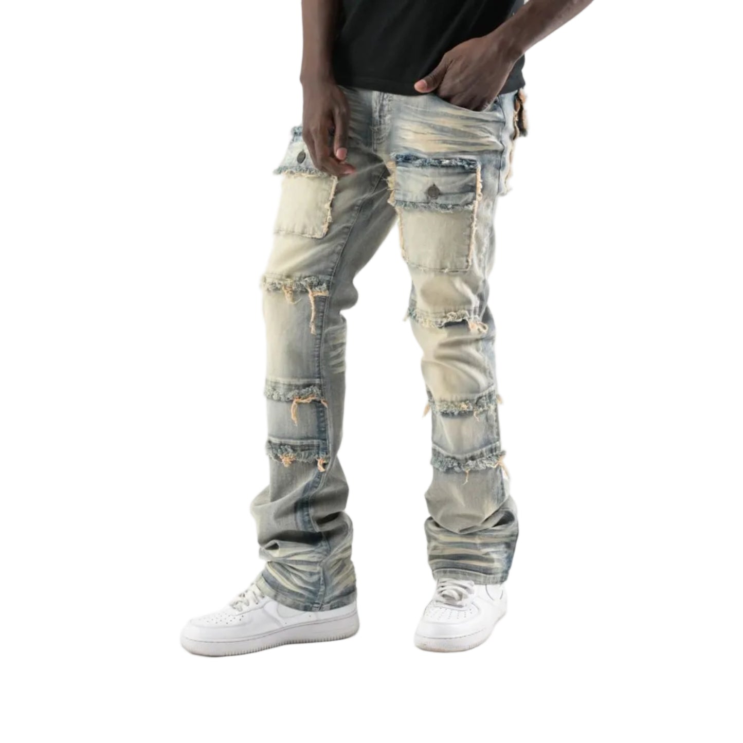 STRETCH STACK PANTS WITH FRAYED POCKETS
